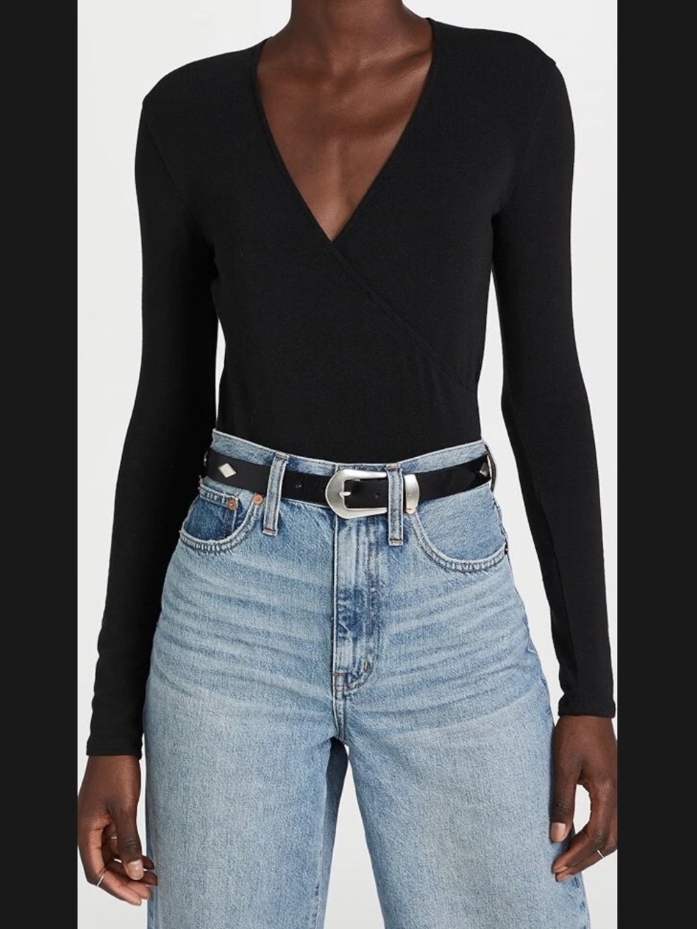 Madewell Womens Black Wrap Thong Bodysuit Medium Long-Sleeve V-Neck Wrap Top